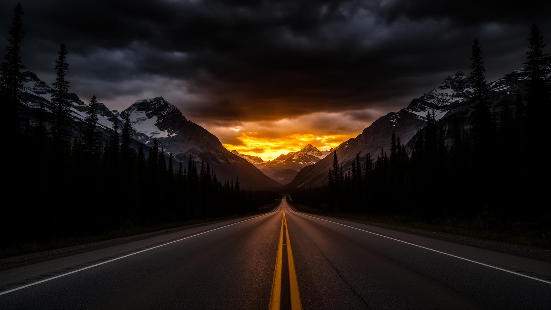 Mountain highway at sunset